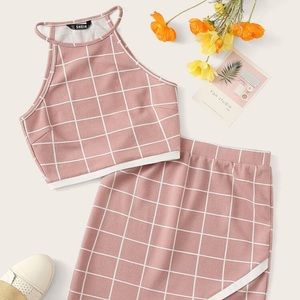 Shein sleeveless grid top and hanky hem skirt set